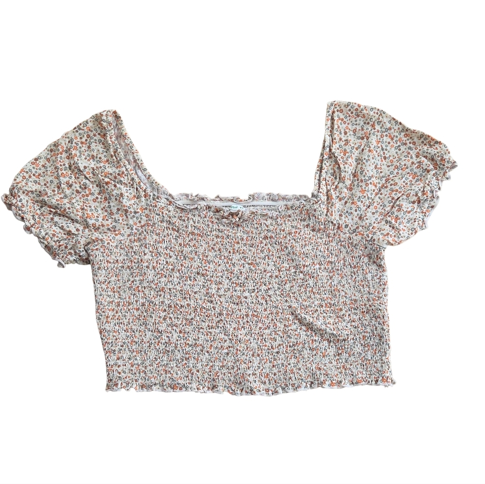 Aerie Floral Puff Sleeve Smocked Crop Top Blouse, Size M